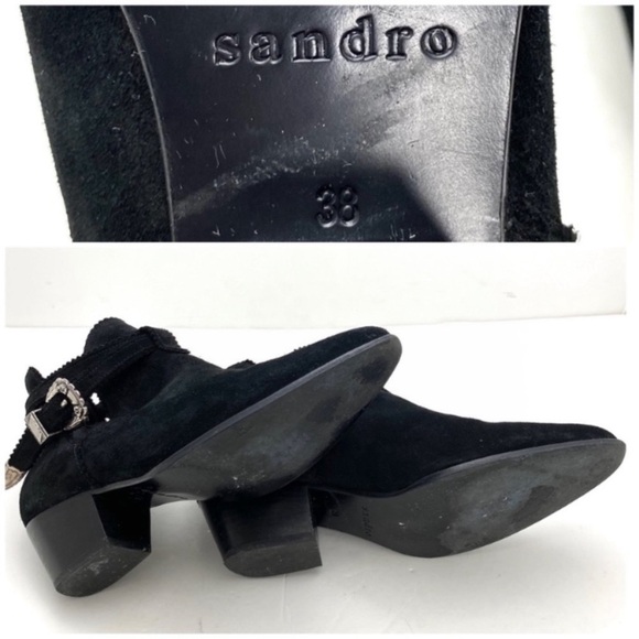 SANDRO Western Buckled Cutout Pointed Toe Suede Ankle Bootie Black Size 8 - Picture 9 of 9